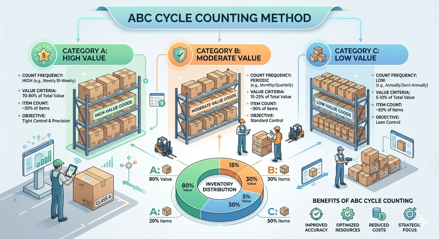 ABC cycle counting method showing category A, B, and C inventory classification