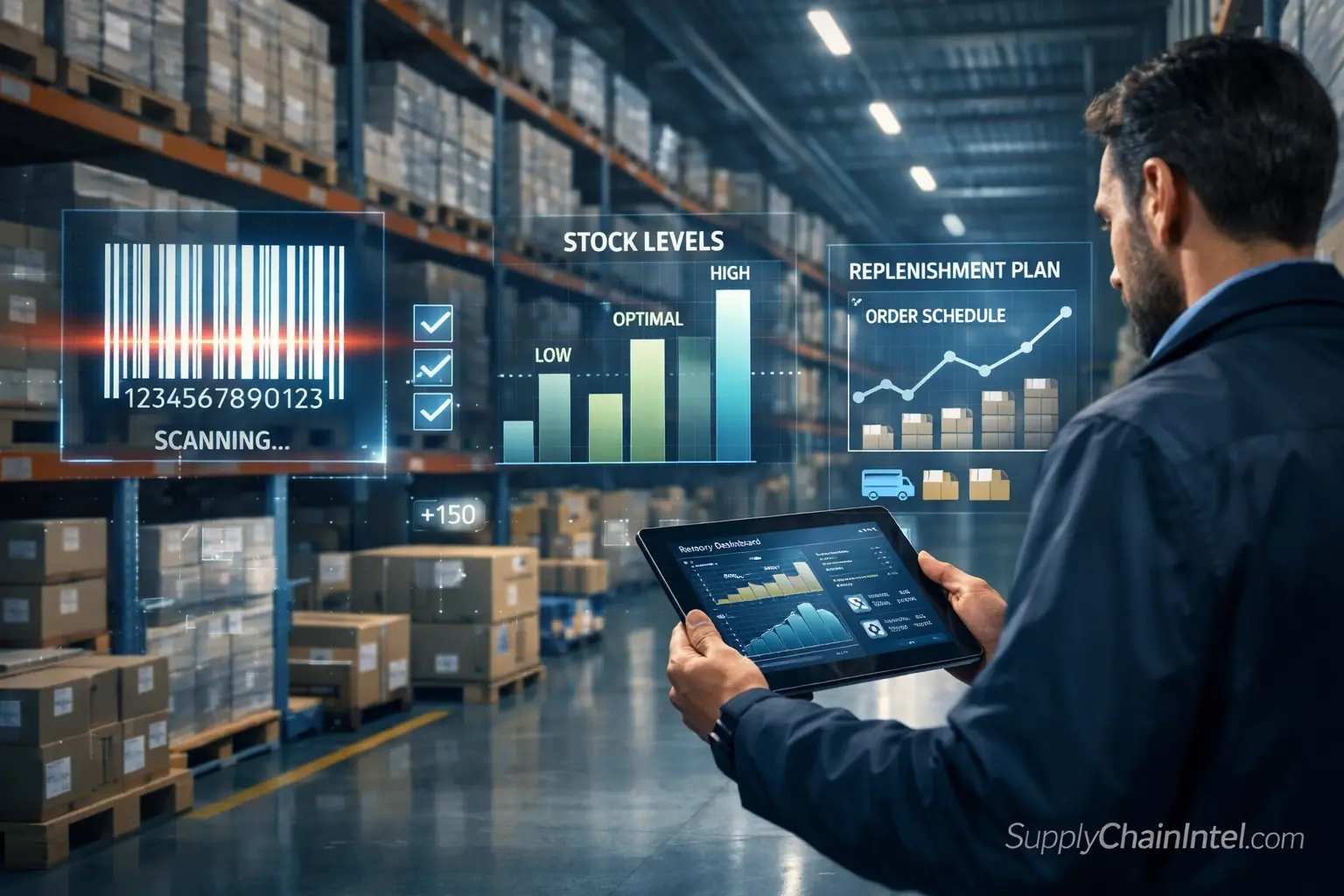 Inventory optimization analysis in a warehouse with stock levels and forecast planning
