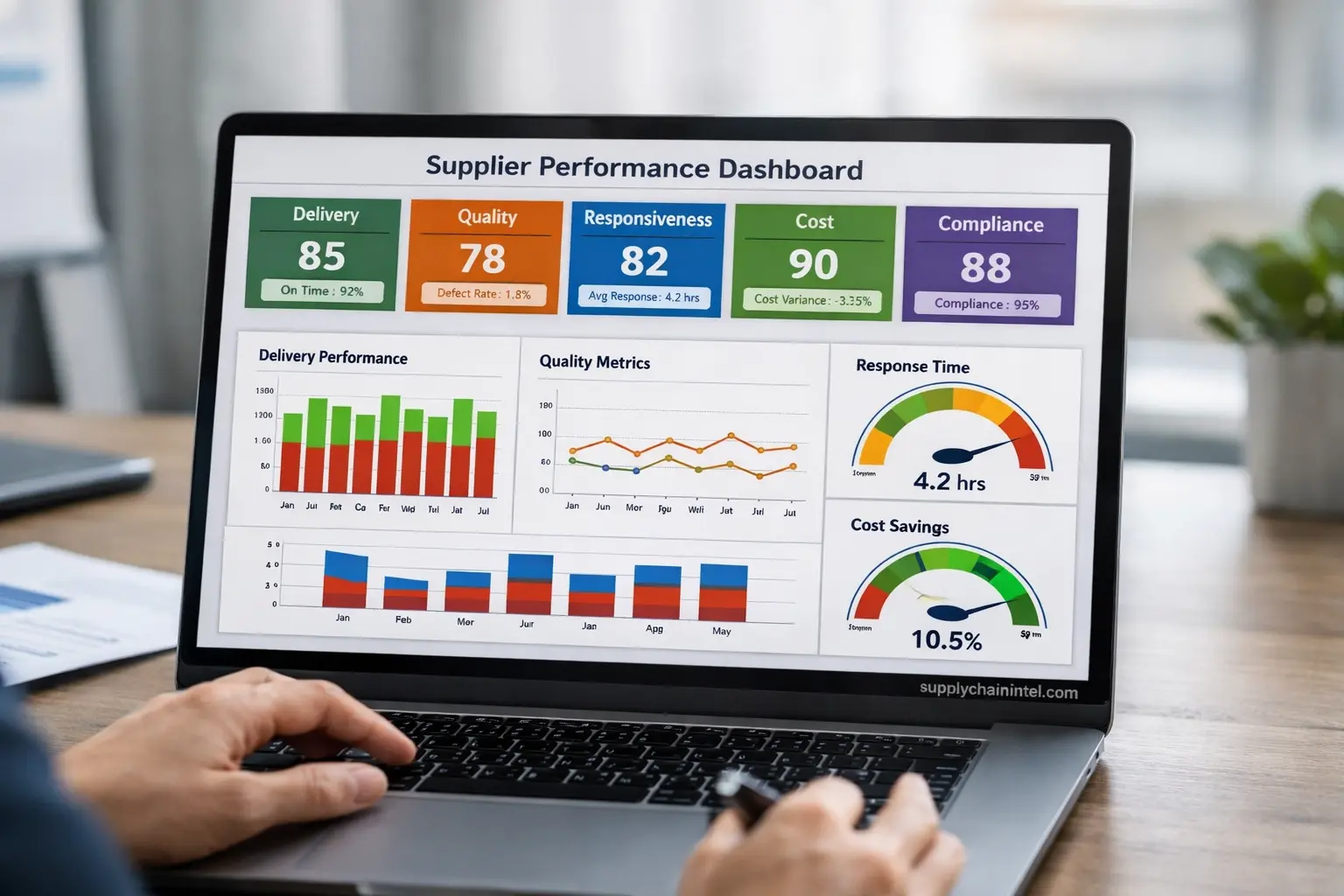 Supplier performance evaluation dashboard with KPI scorecard charts and review metrics