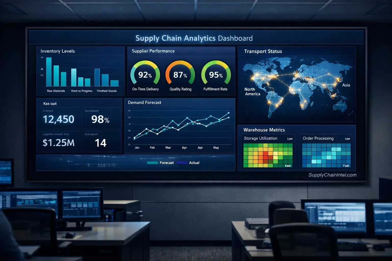 Supply chain analytics dashboard showing inventory demand supplier and transport metrics