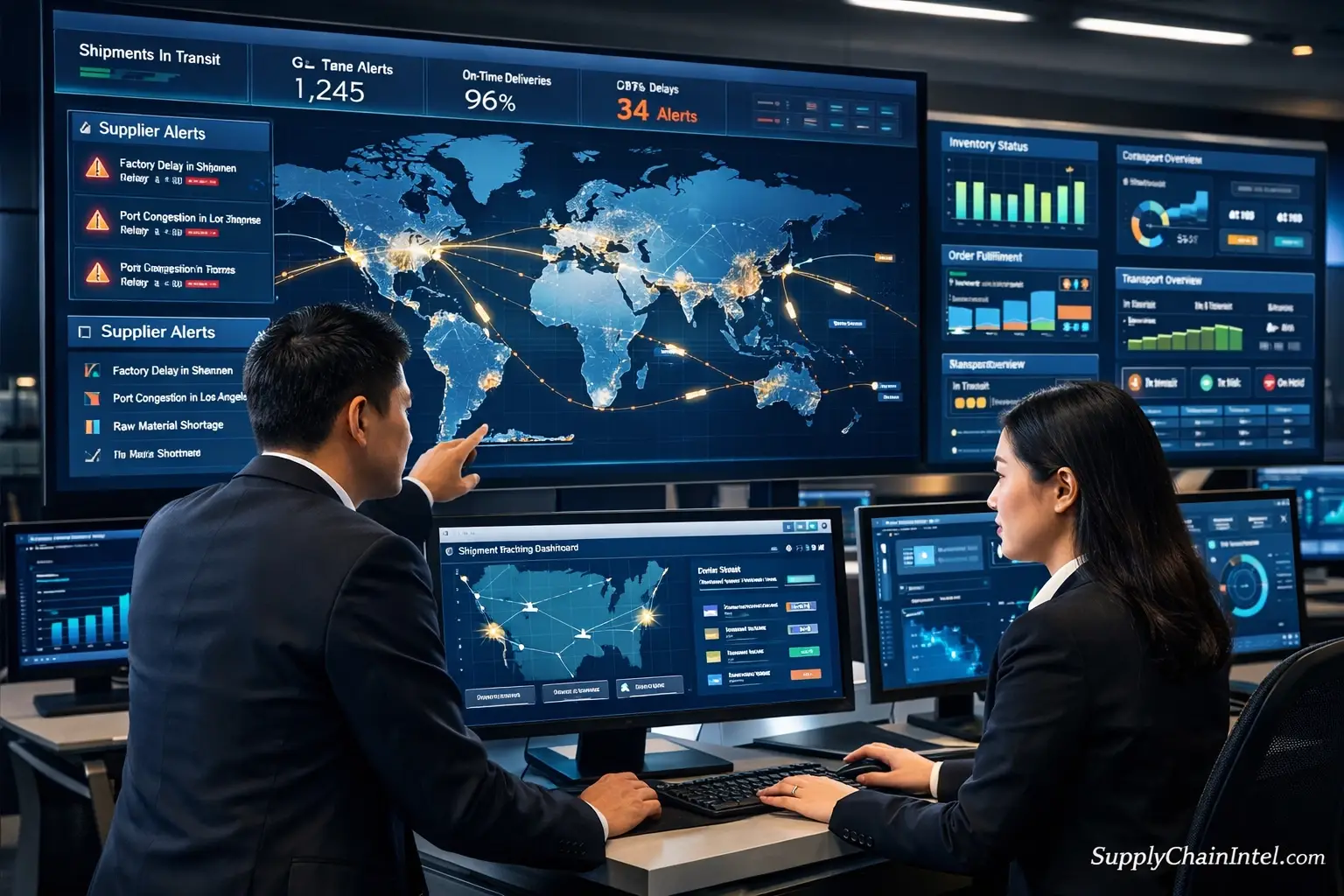 Supply chain control tower interface showing end to end visibility and disruption alerts