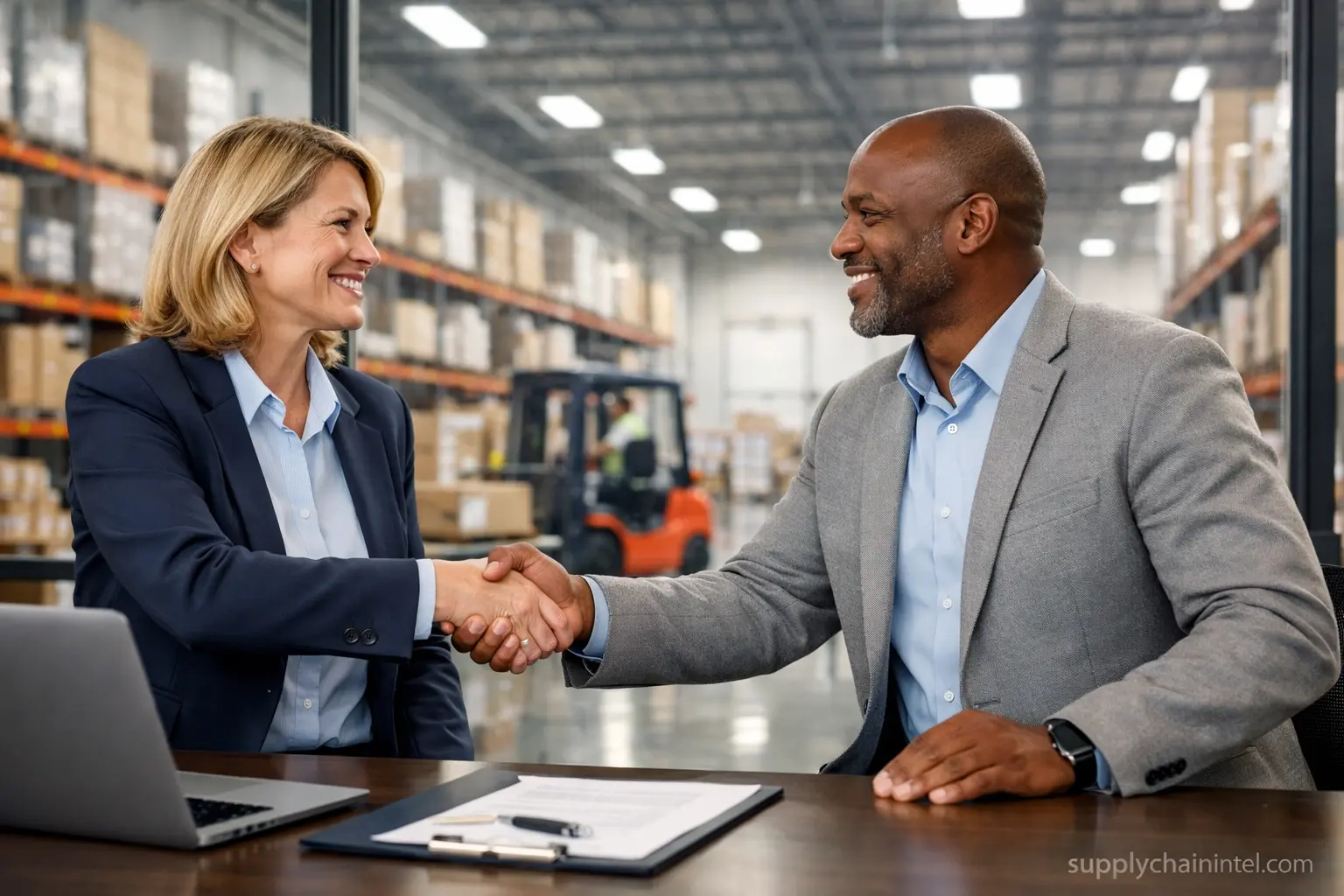 Long term supplier partnership concept with procurement and vendor teams shaking hands in a warehouse office