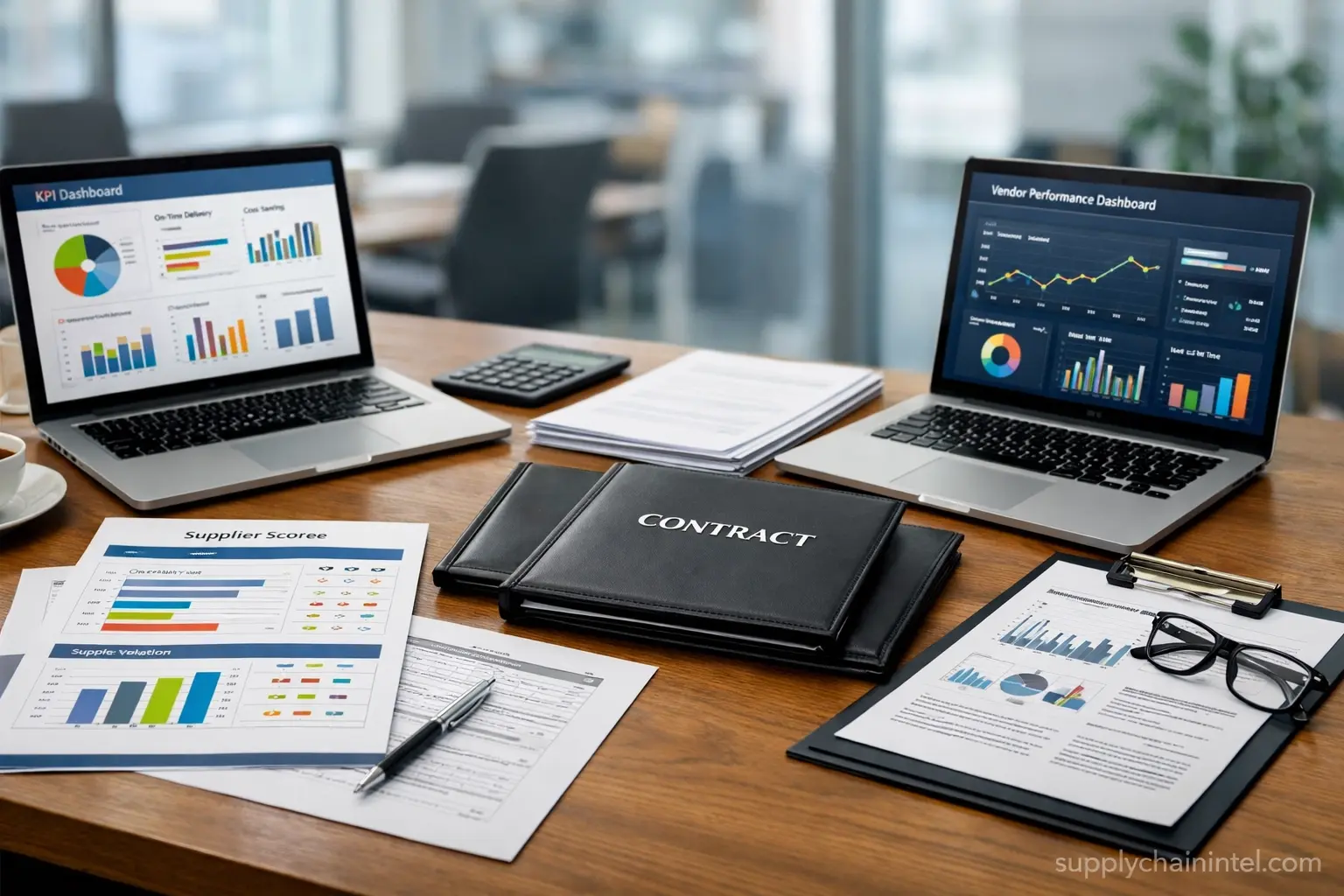Vendor management planning discussion with scorecards and procurement documents