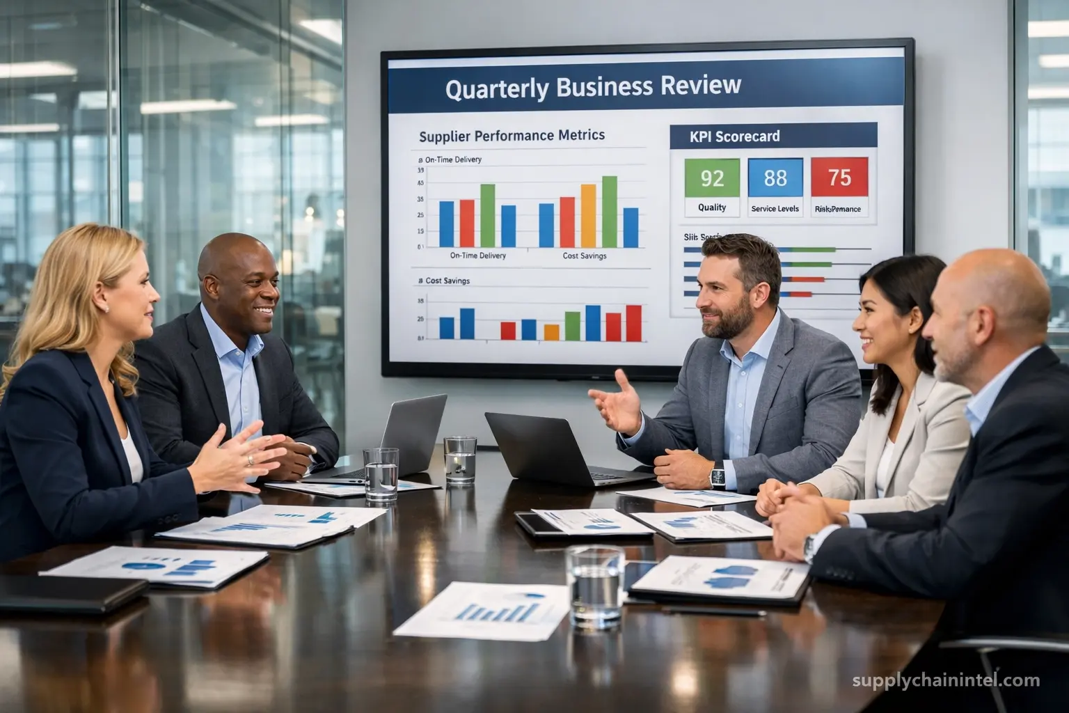 Procurement and supplier teams reviewing vendor performance in a business meeting