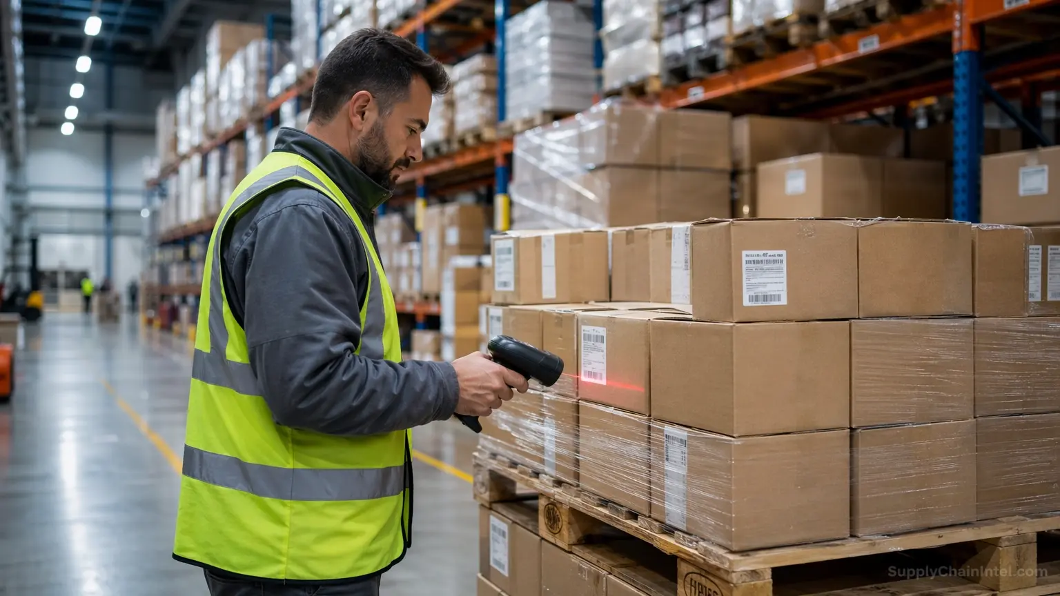 Warehouse worker scanning packages using barcode scanner