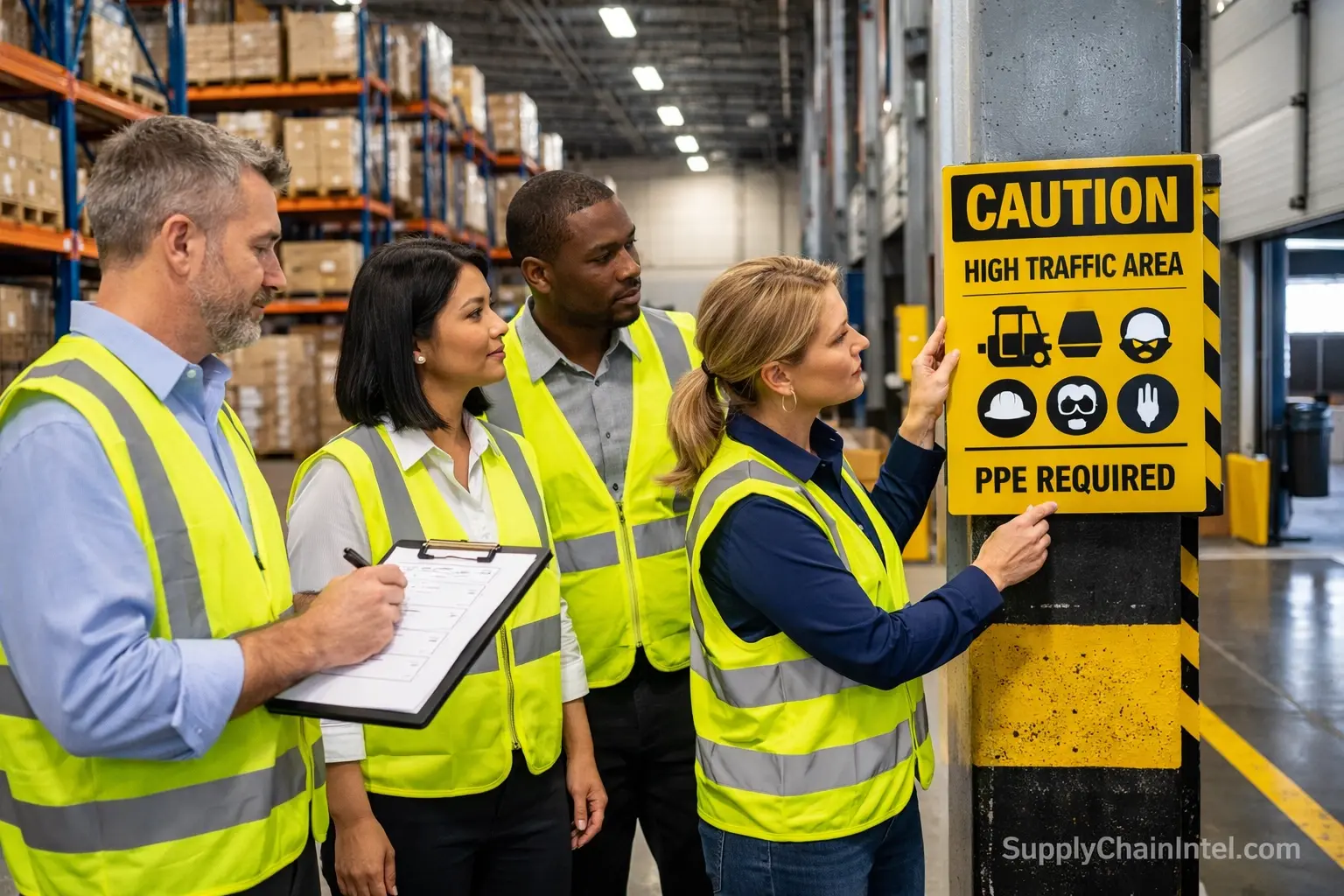 Warehouse internal audit walkthrough inspection near storage racks