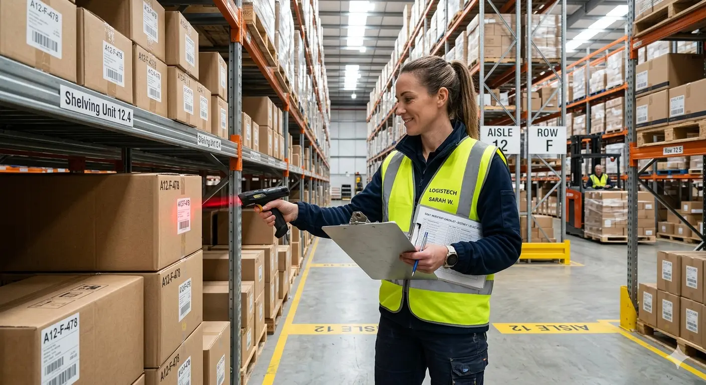 Warehouse worker performing inventory counting using barcode scanner