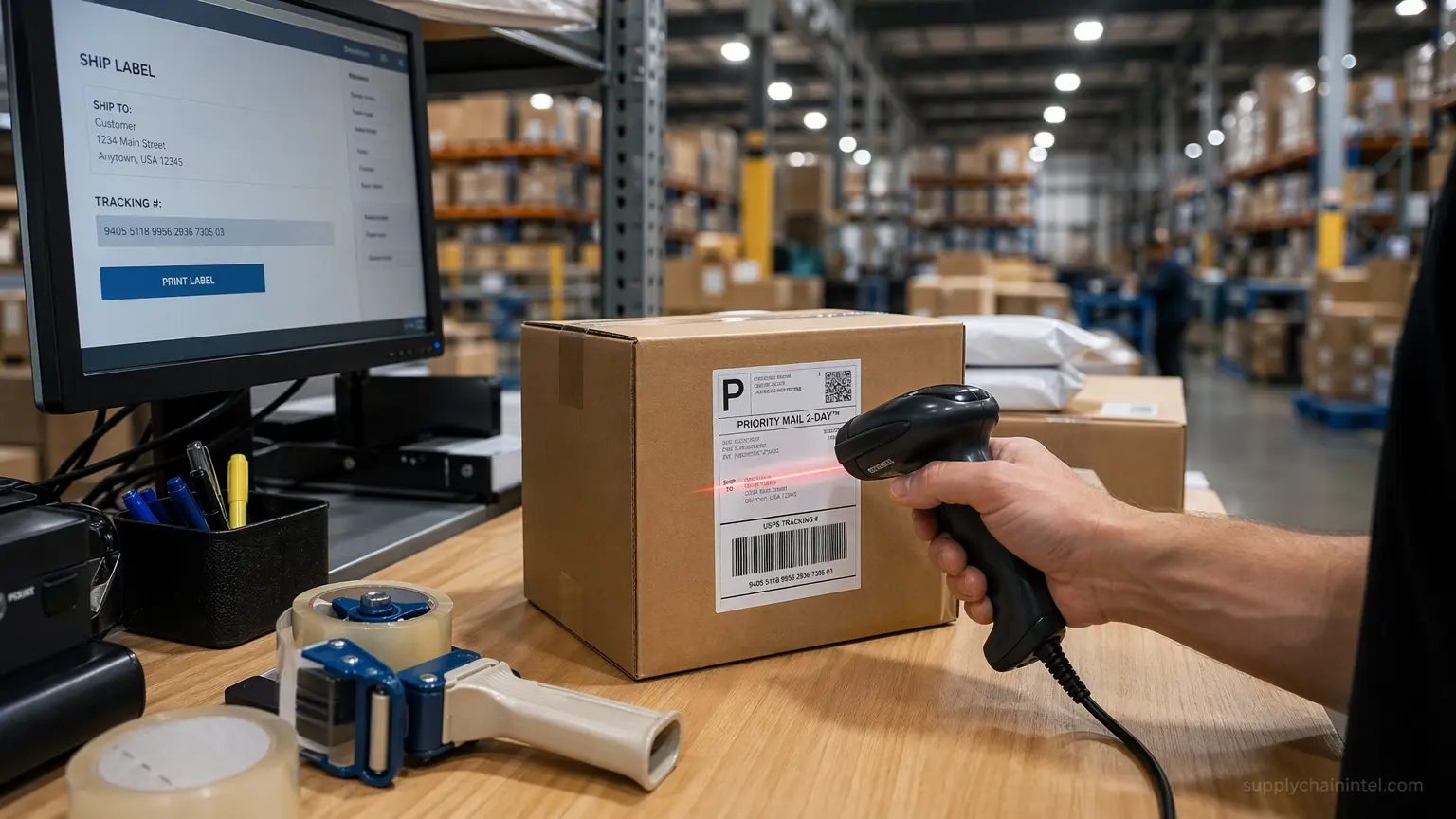 Wired barcode scanner at packing station